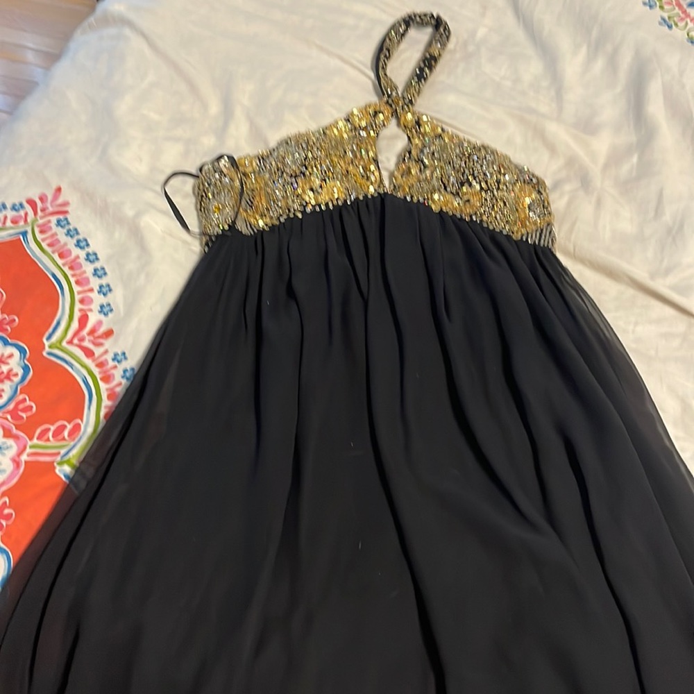 Beautiful beaded black and gold dress - goes around neck strapless